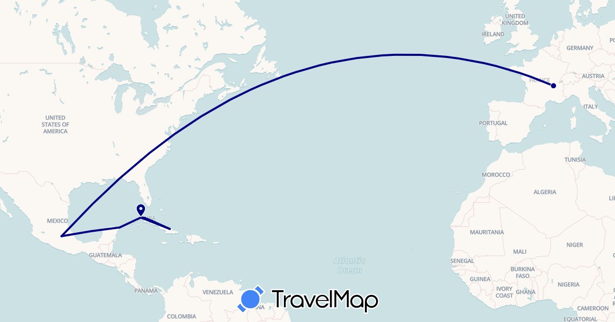 TravelMap itinerary: driving in Cuba, France, Mexico (Europe, North America)